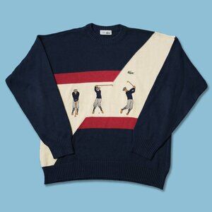 Vintage Style Lacoste Sweater Mens Small Navy Cream Golf Graphic Pullover
